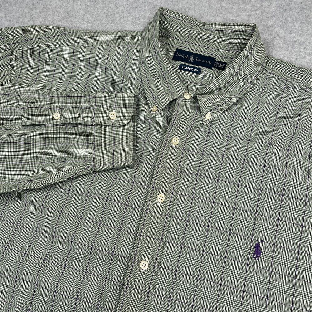 Polo Ralph Lauren Shirt Mens 2XLT Tall Green Glen Plaid Purple Pony Classic Fit